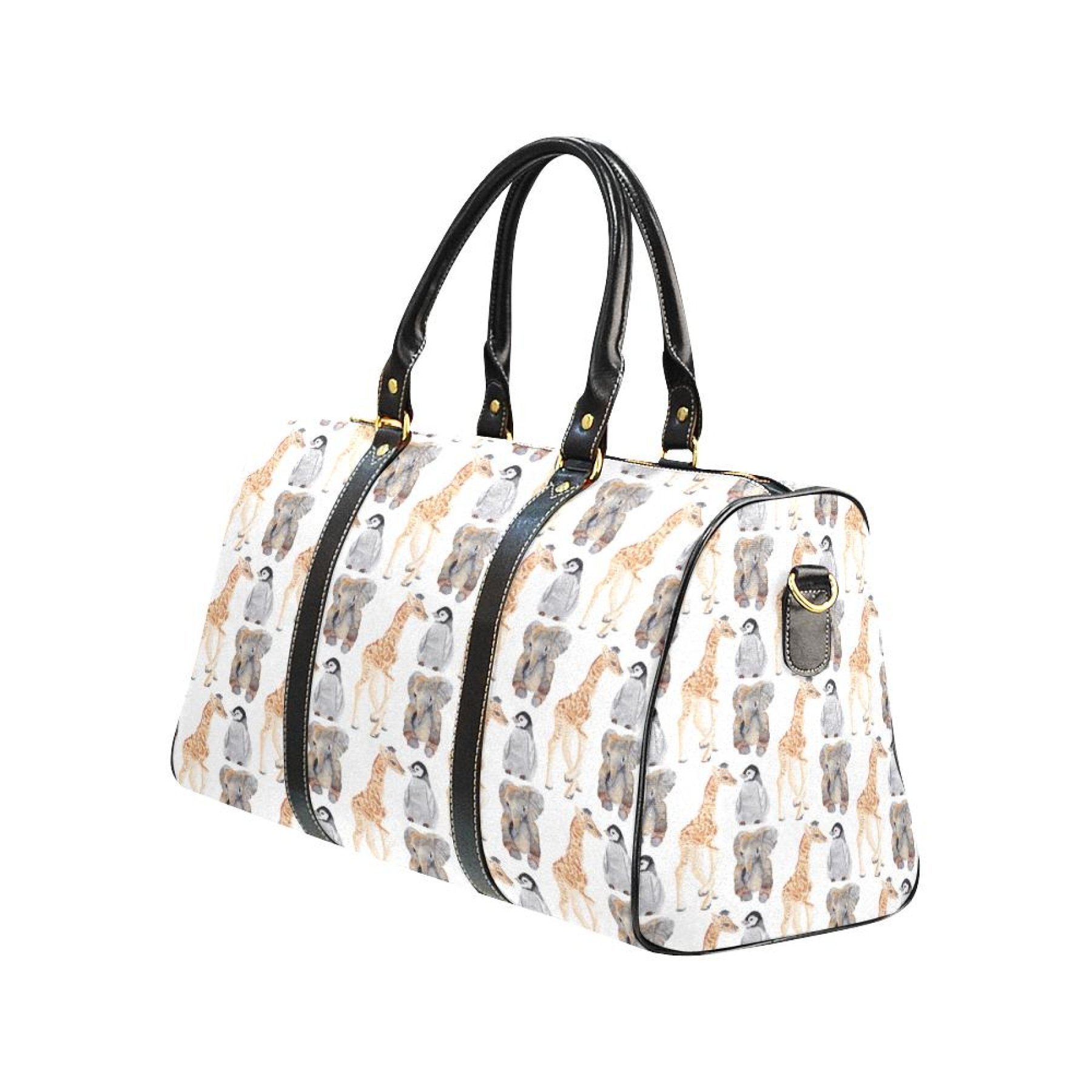 Large leather travel bag with animal print design, featuring sturdy handles and adjustable shoulder strap.