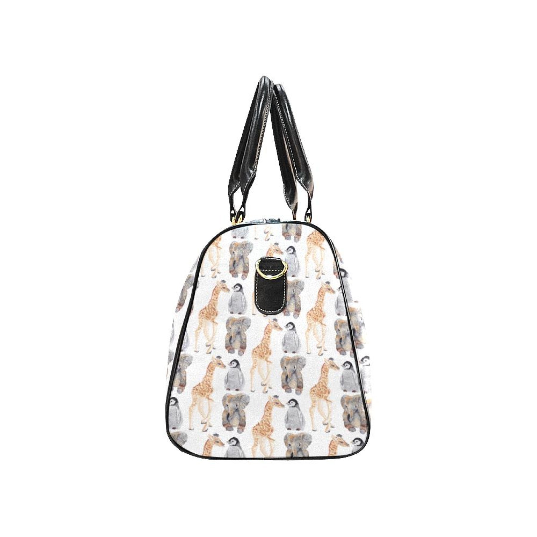 Large leather travel bag with animal print design, featuring sturdy handles and adjustable shoulder strap.