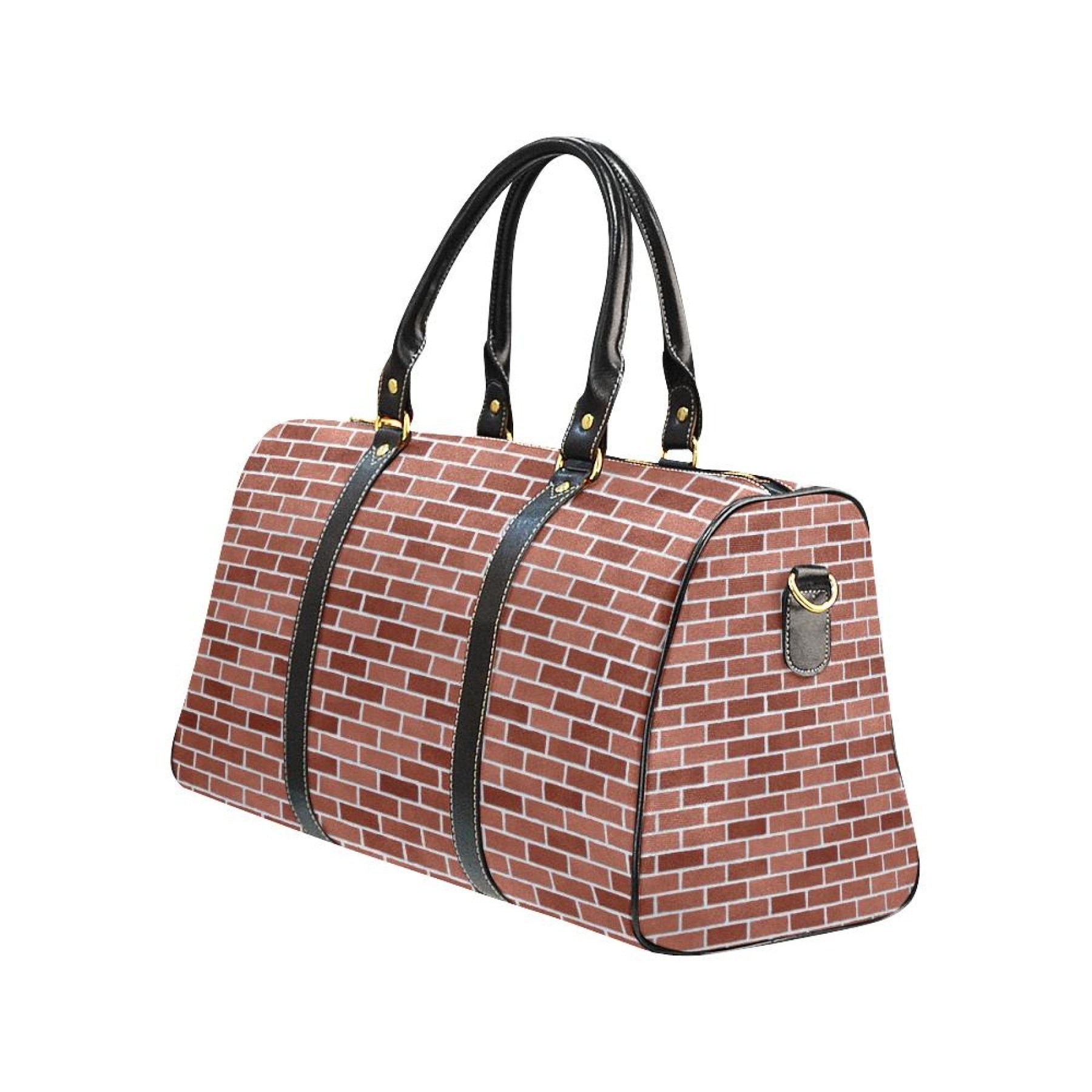 Brick red leather travel bag with sturdy handles and adjustable shoulder strap, featuring a spacious main compartment and zippered interior pocket.