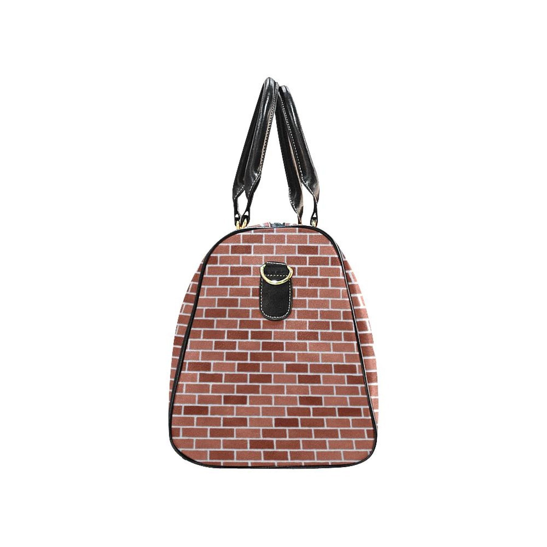 Brick red leather travel bag with sturdy handles and adjustable shoulder strap, featuring a spacious main compartment and zippered interior pocket.