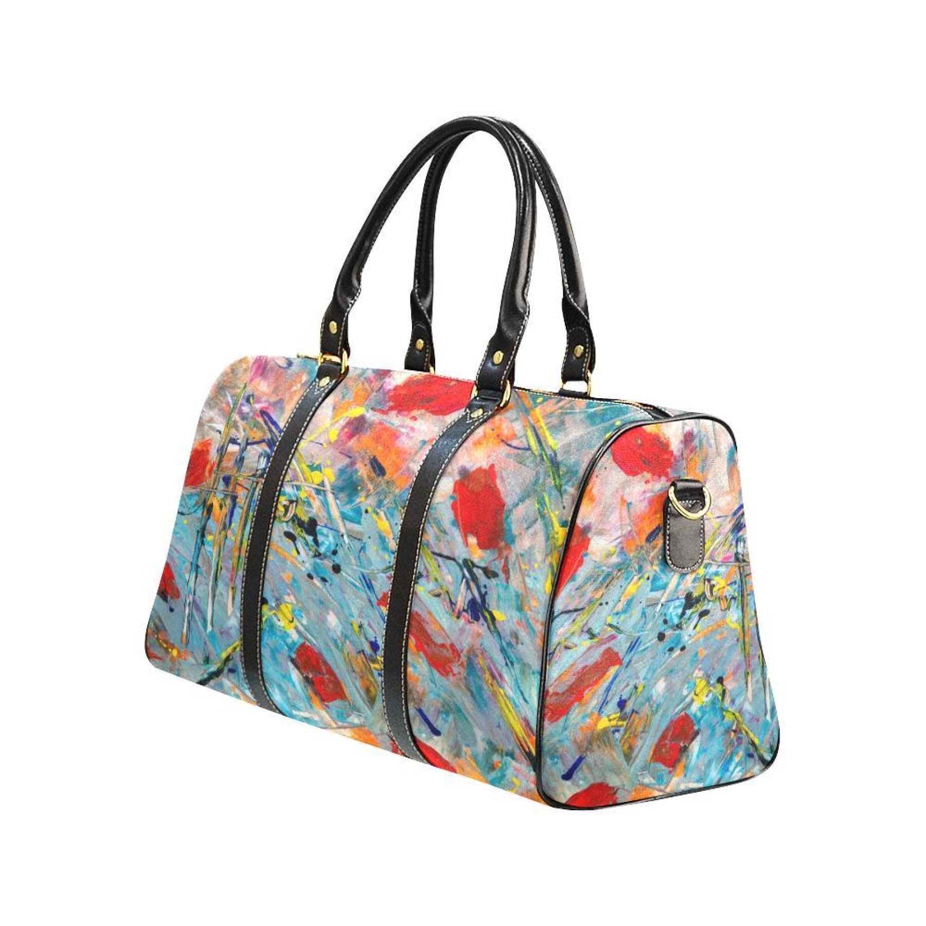 Multicolor leather travel bag with sturdy handles and adjustable strap, spacious interior and stylish design.