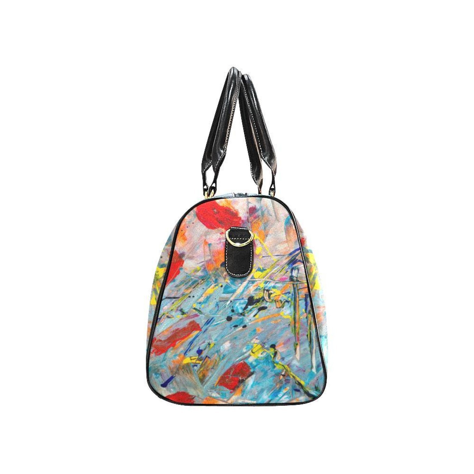 Multicolor leather travel bag with sturdy handles and adjustable strap, spacious interior and stylish design.