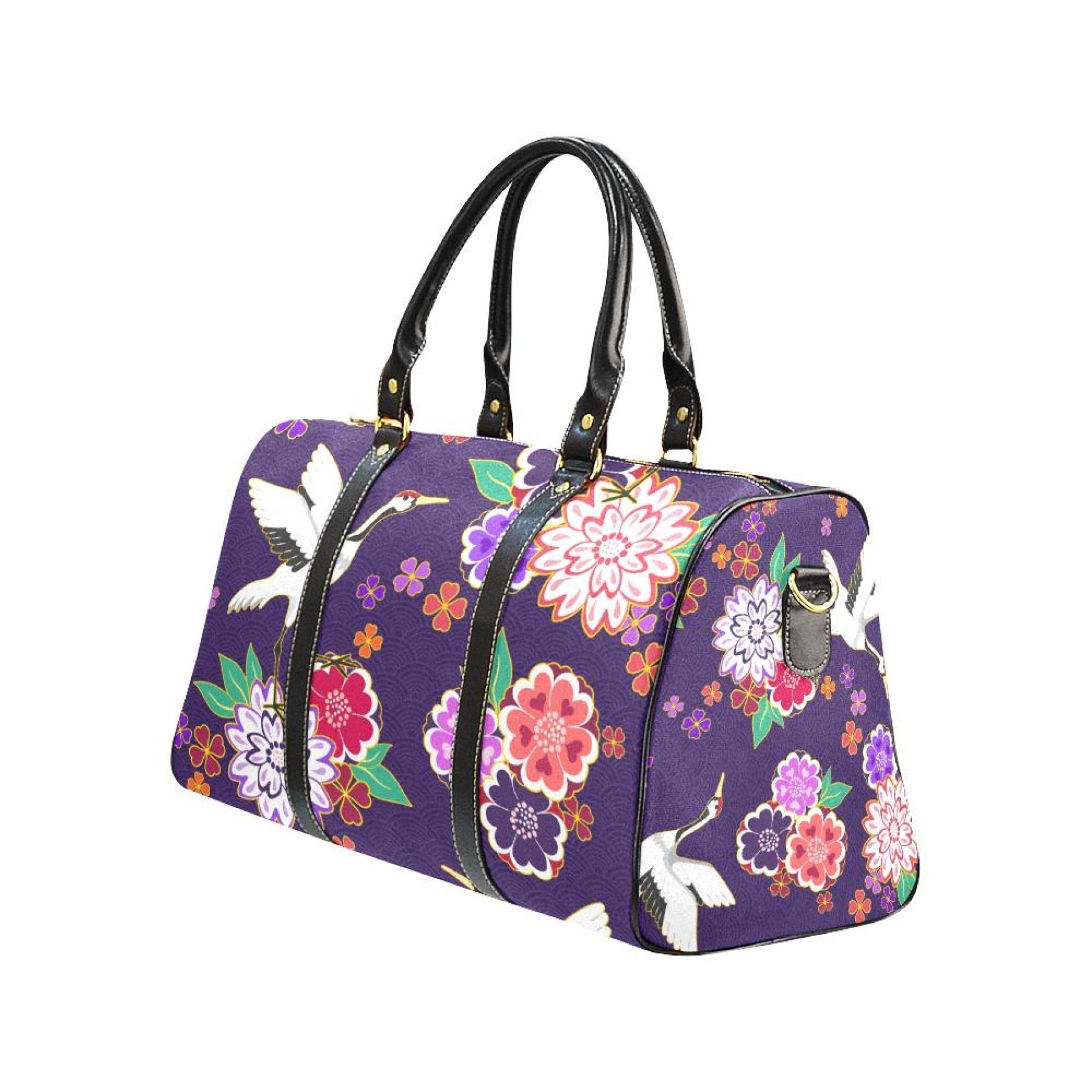 Purple floral travel bag with double handles and adjustable shoulder strap, made from waterproof fabric.