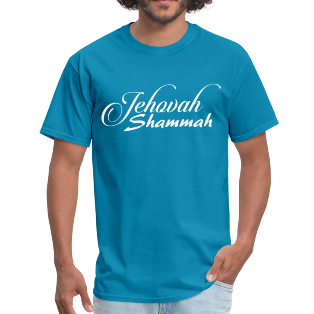 Men's T-shirt featuring Jehovah Shammah inspirational print, made of 100% cotton, lightweight and durable.