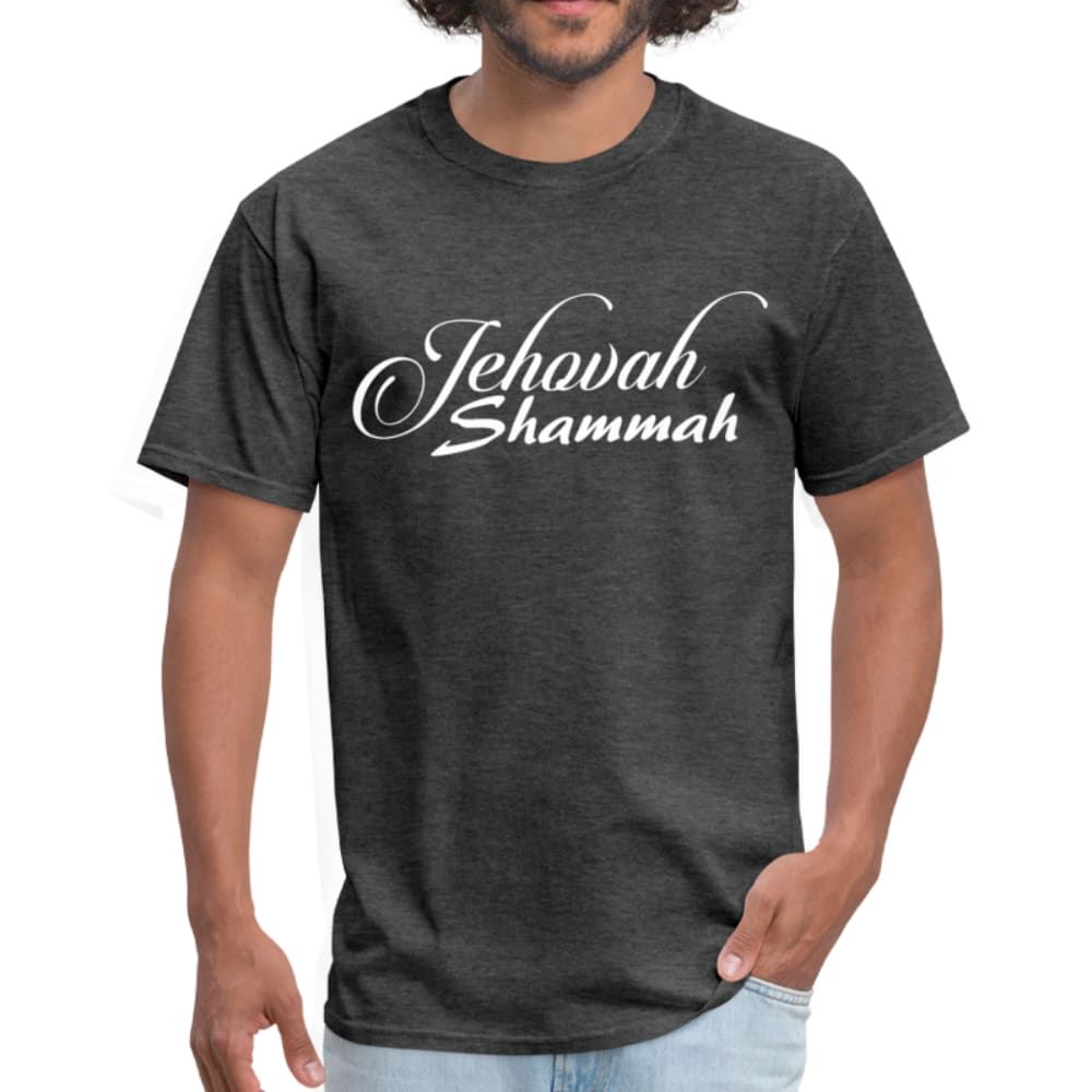 Men's T-shirt featuring Jehovah Shammah inspirational print, made of 100% cotton, lightweight and durable.