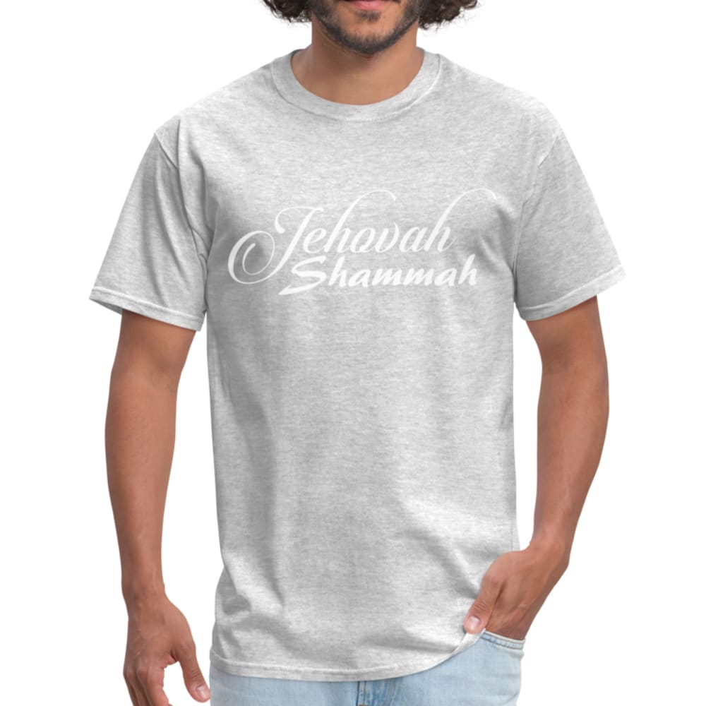 Men's T-shirt featuring Jehovah Shammah inspirational print, made of 100% cotton, lightweight and durable.