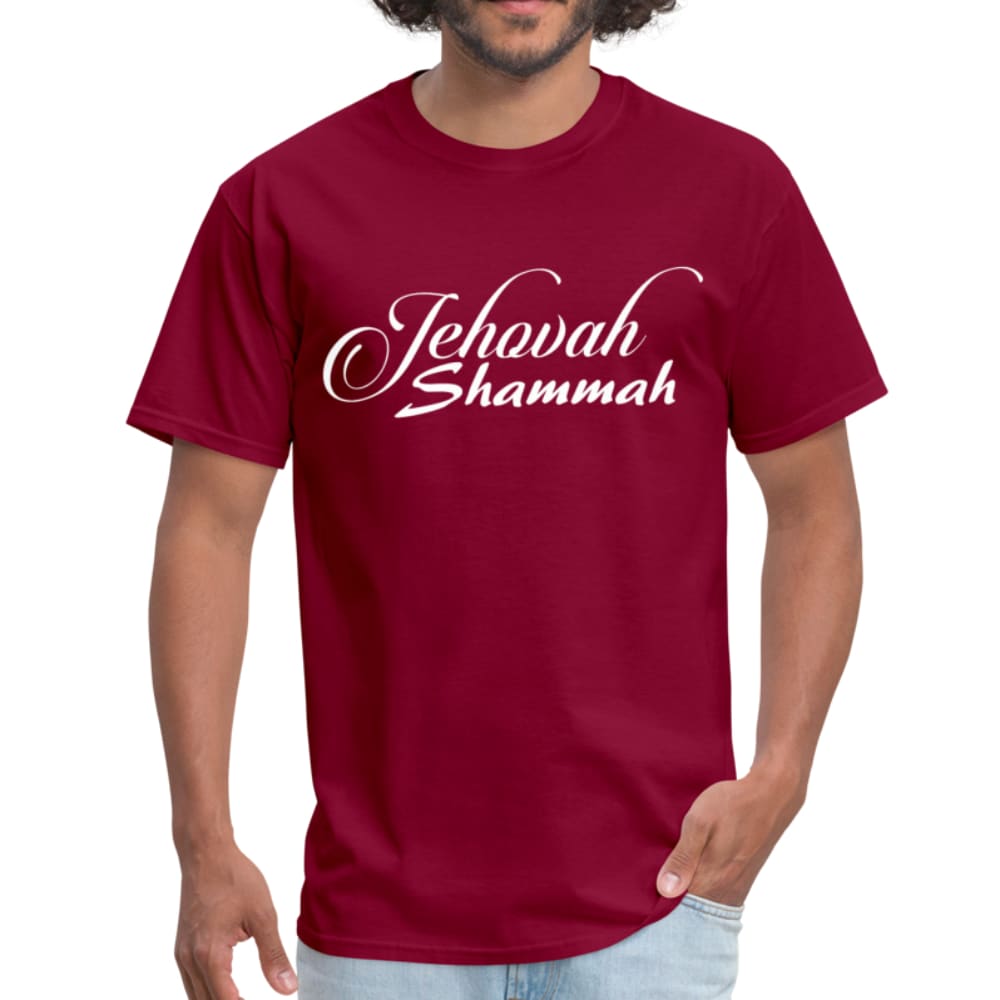 Men's T-shirt featuring Jehovah Shammah inspirational print, made of 100% cotton, lightweight and durable.