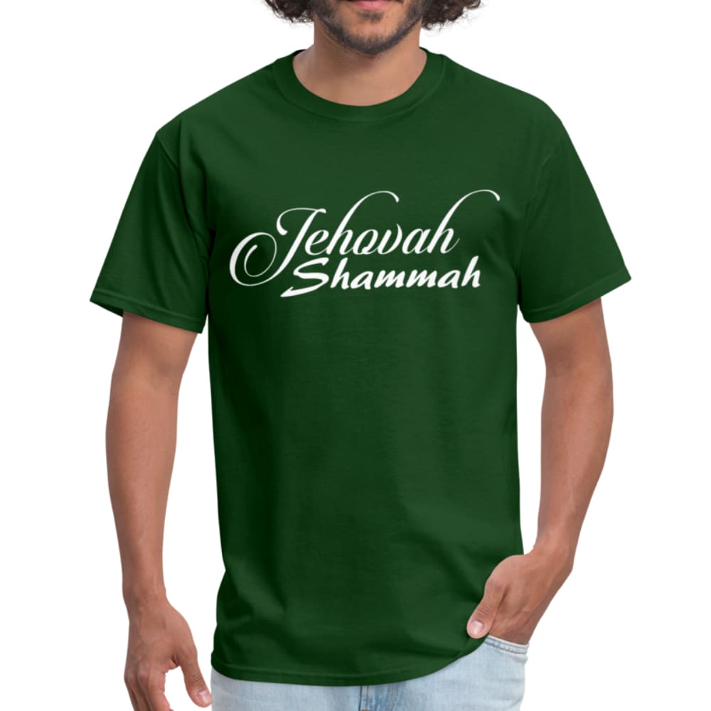 Men's T-shirt featuring Jehovah Shammah inspirational print, made of 100% cotton, lightweight and durable.