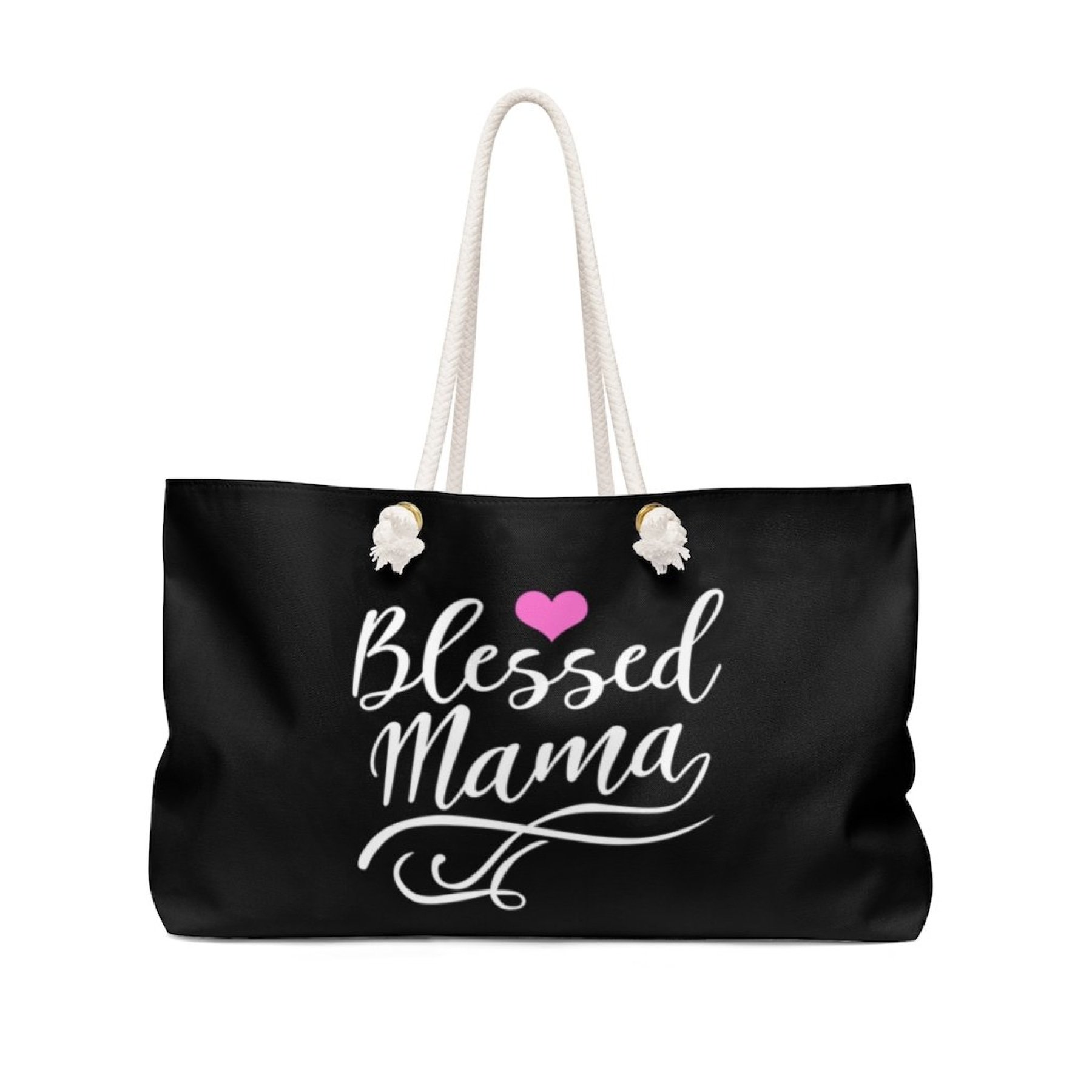 Blessed Mama Graphic Weekender Bag with thick rope handles, spacious interior, and stylish design, perfect for beach trips and weekend getaways.