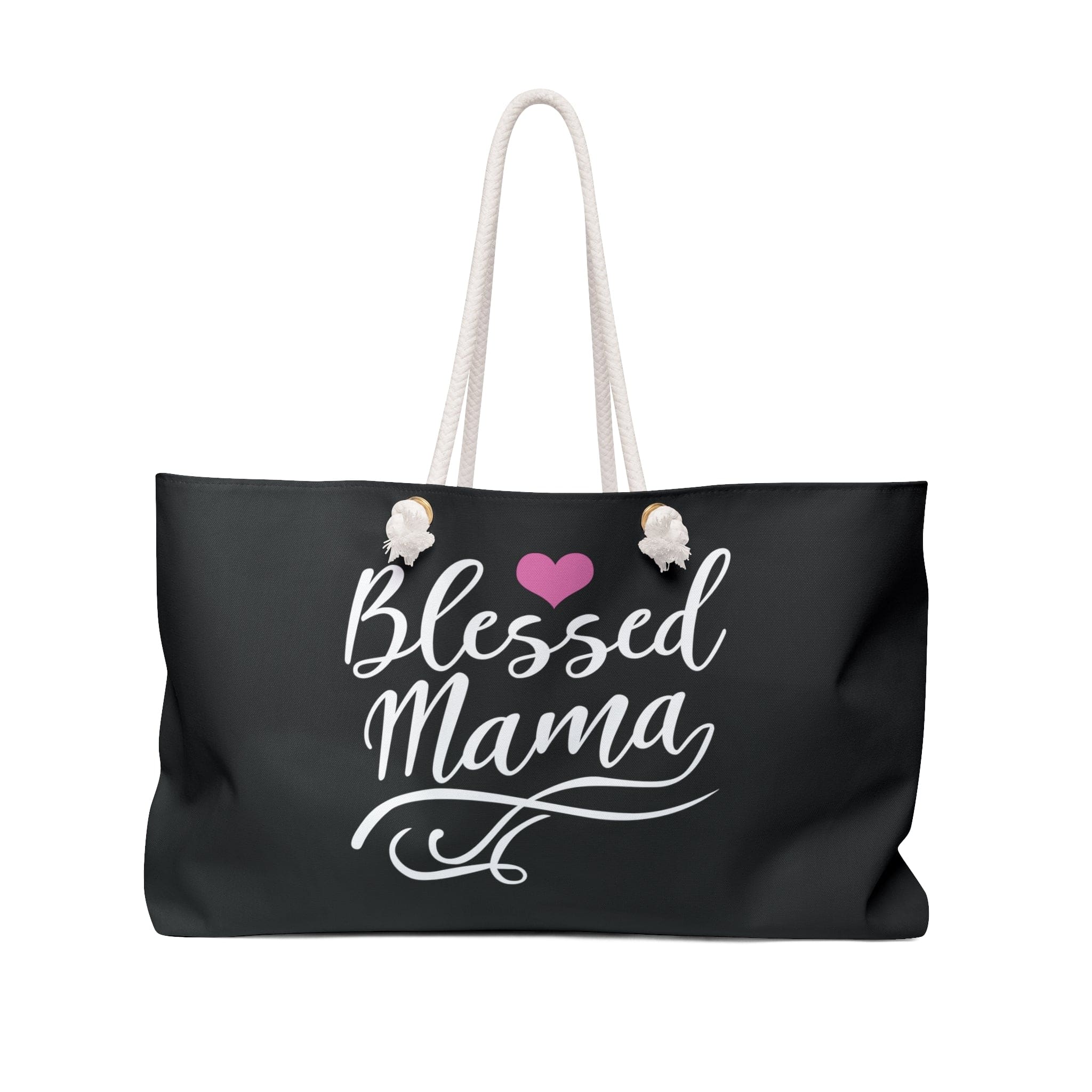 Blessed Mama Graphic Weekender Bag with thick rope handles, spacious interior, and stylish design, perfect for beach trips and weekend getaways.