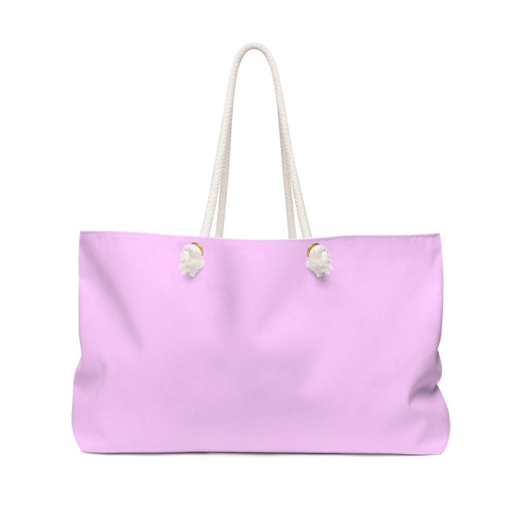 Light pink oversized Weekender Tote Bag with thick rope handles, spacious interior, and laminated lining, perfect for beach trips and casual outings.