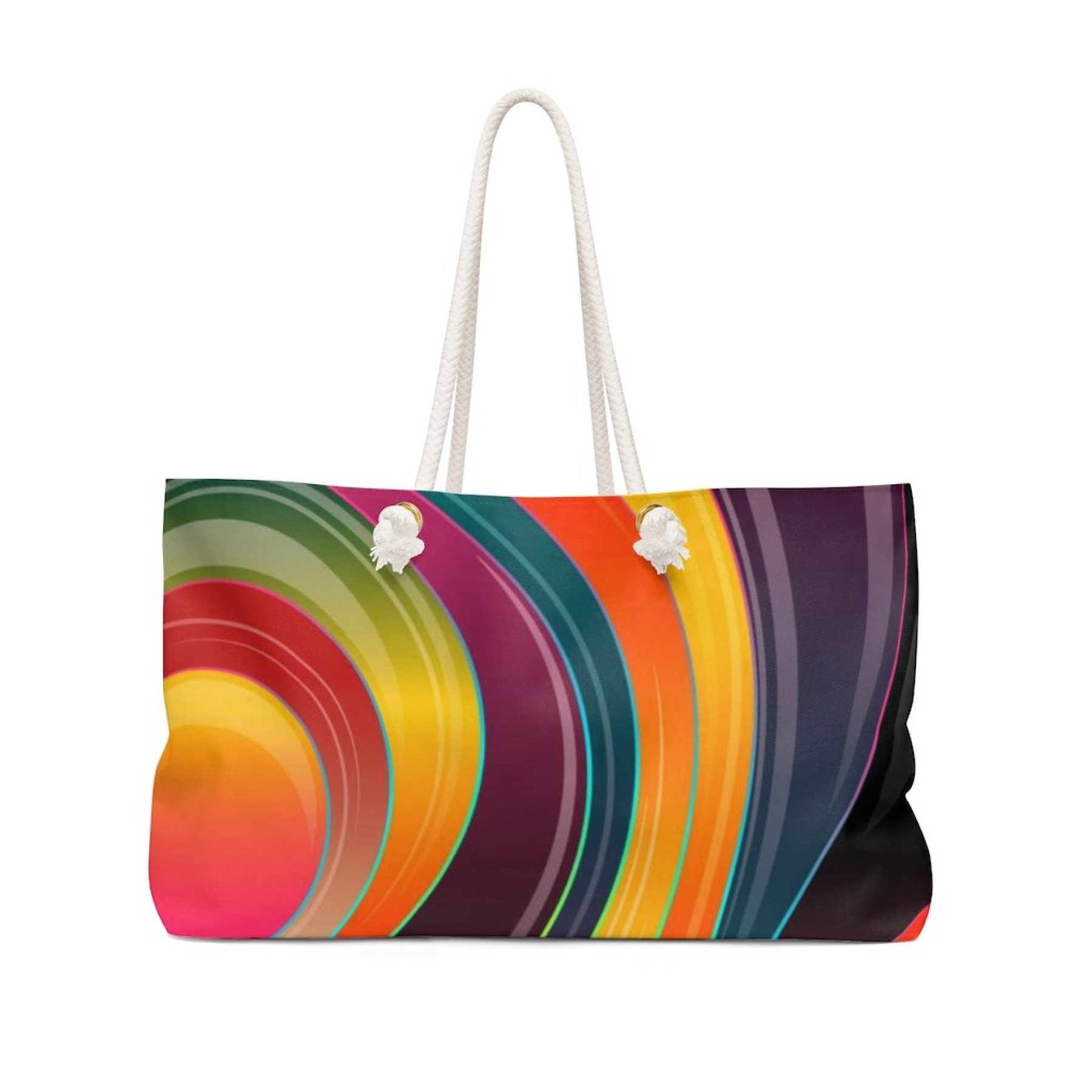 A vibrant swirl multicolor illustration on a large weekender tote bag, featuring thick rope handles and a spacious design.