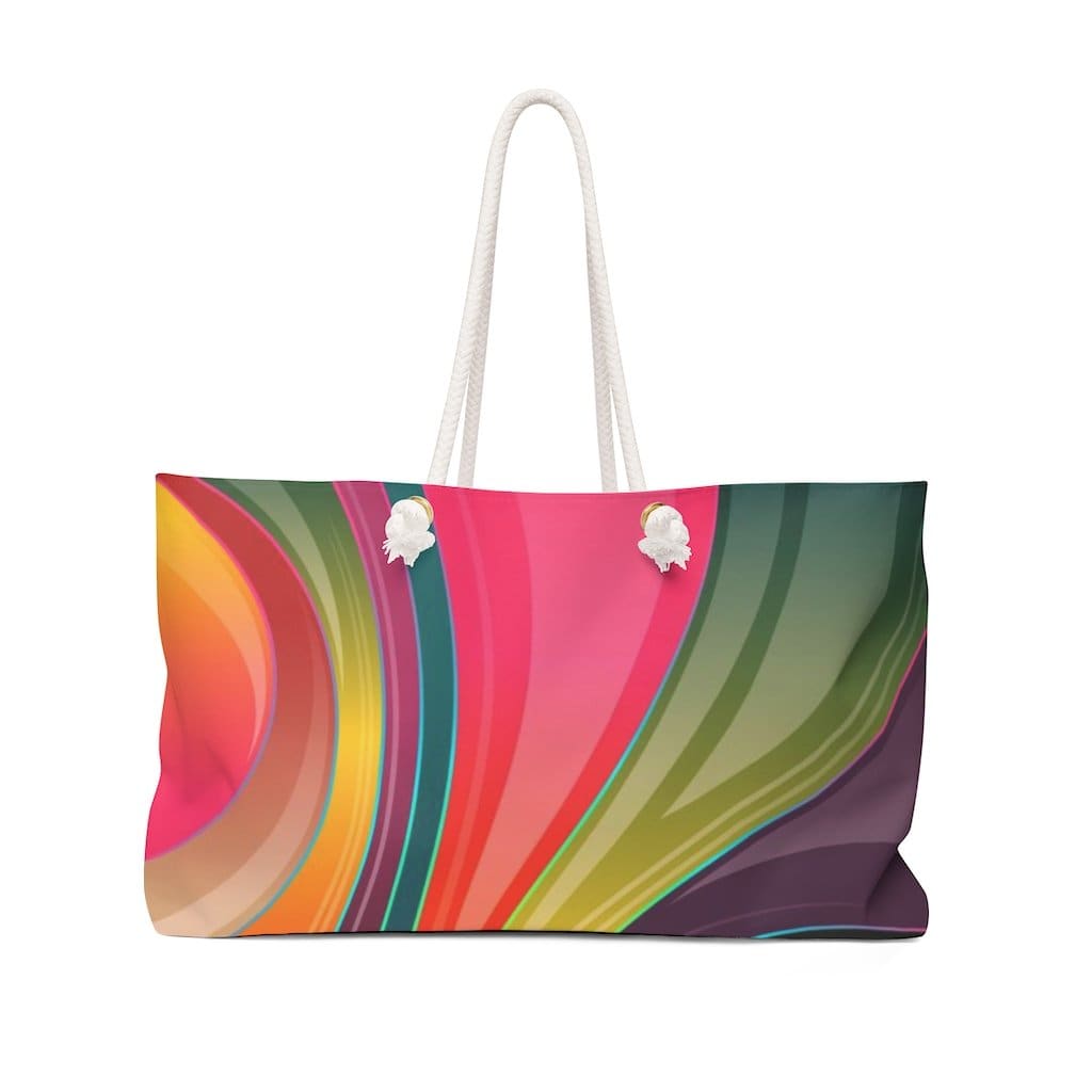 A vibrant swirl multicolor illustration on a large weekender tote bag, featuring thick rope handles and a spacious design.