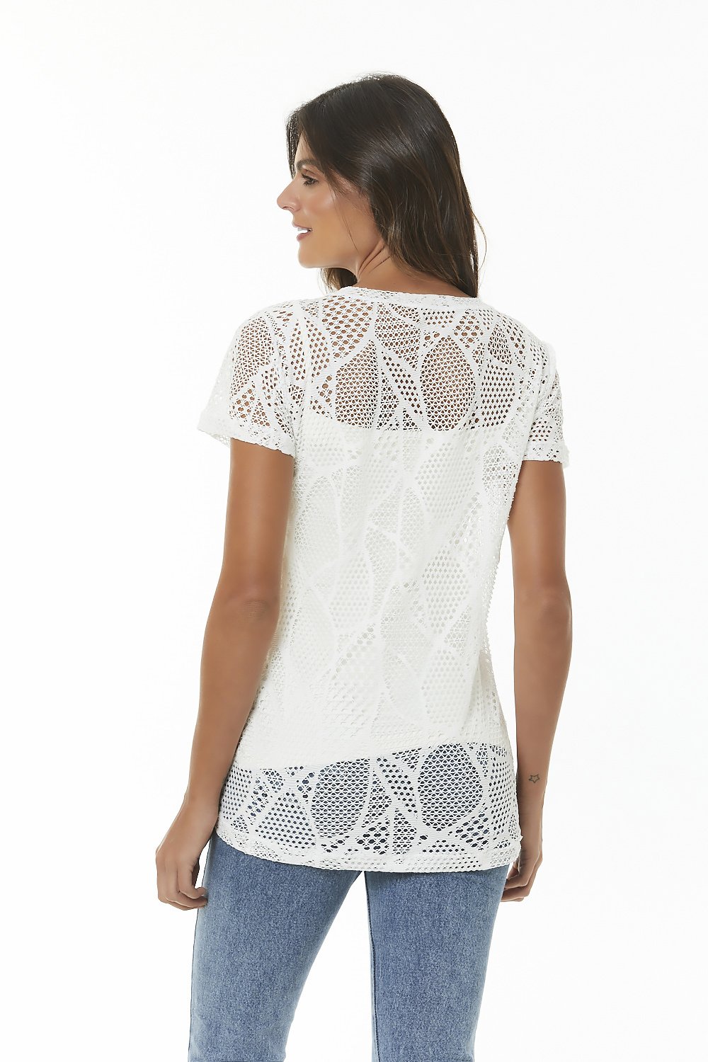 A stylish White Sheer Fishnet Top - Charlotte, featuring a cut-out design, perfect for casual Spring and Summer outfits, made from durable polyamide.