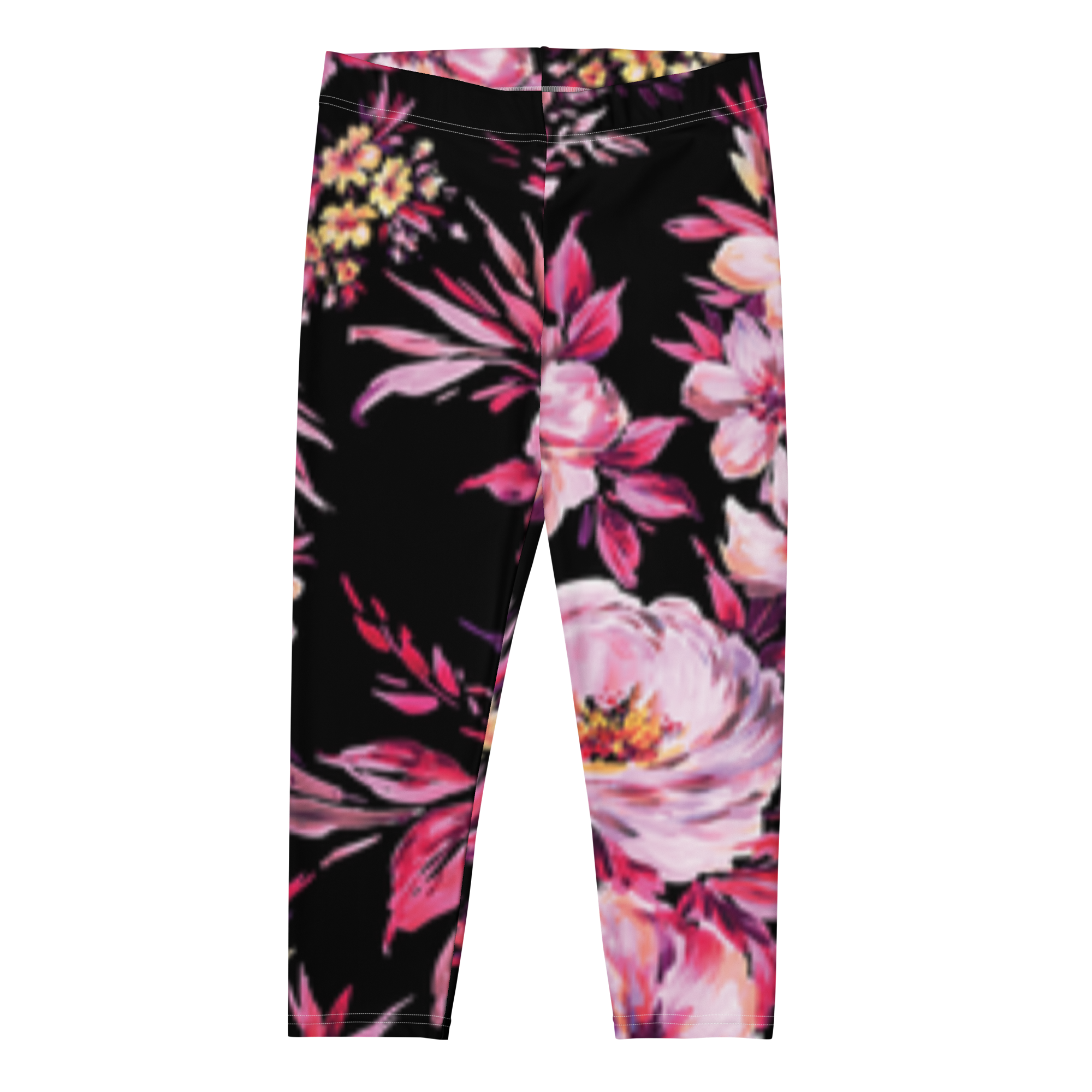 Women All Over Print Flowers Capri Leggings featuring a vibrant floral design, made from soft and stretchy fabric for comfort.