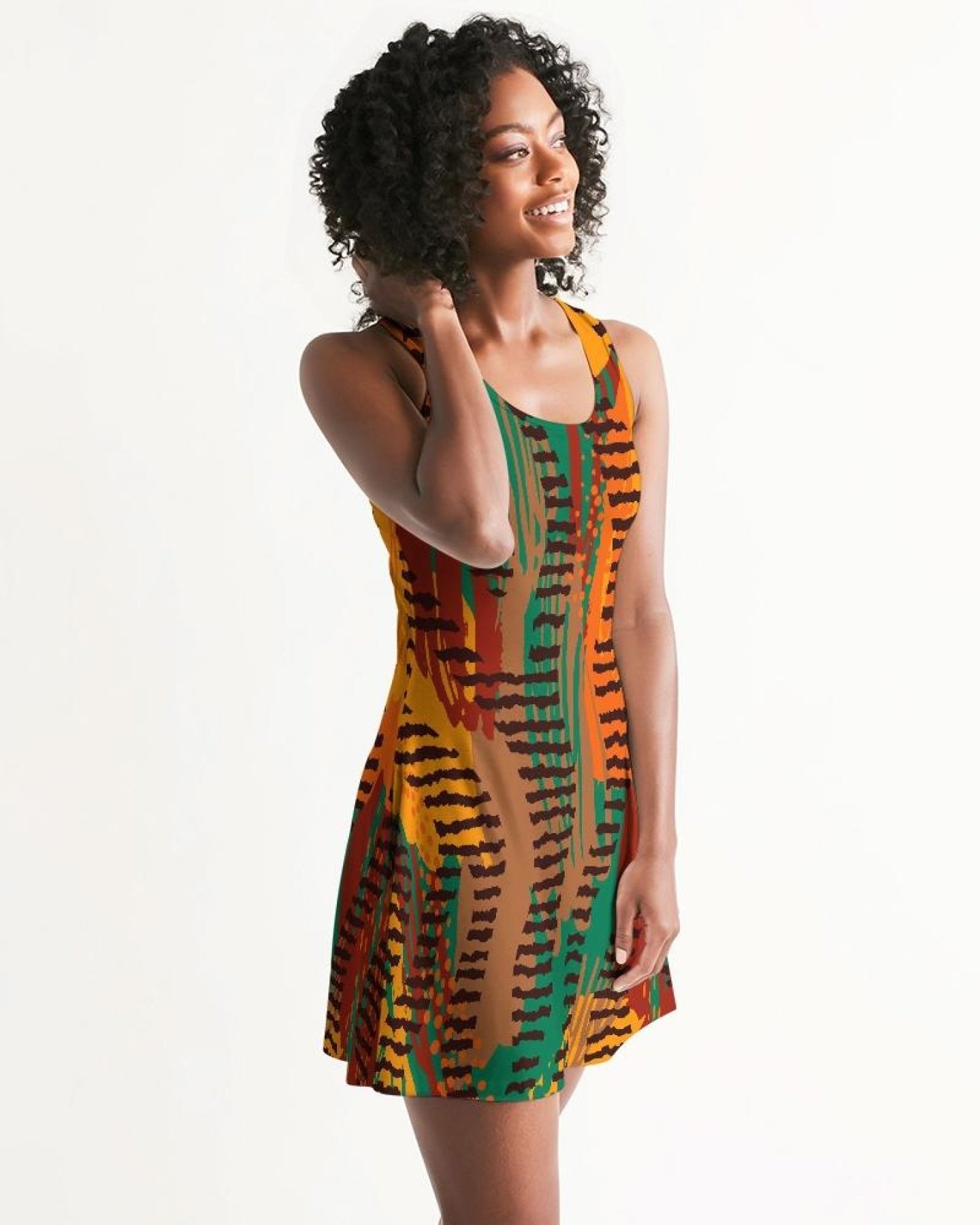 A vibrant women's racerback dress featuring an orange and brown geometric pattern, perfect for casual and special occasions.