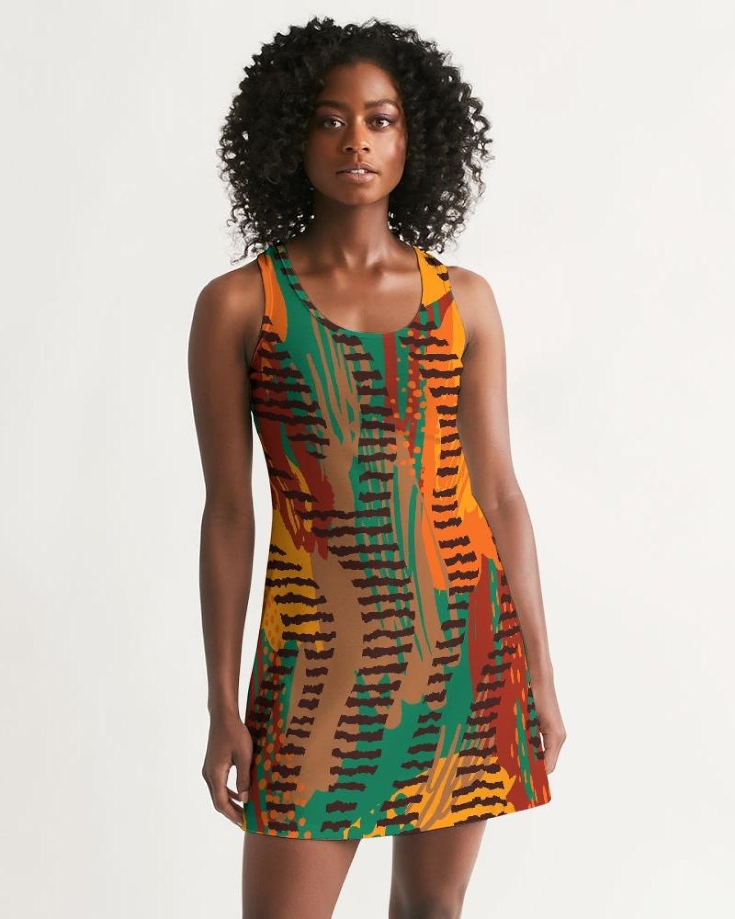 A vibrant women's racerback dress featuring an orange and brown geometric pattern, perfect for casual and special occasions.