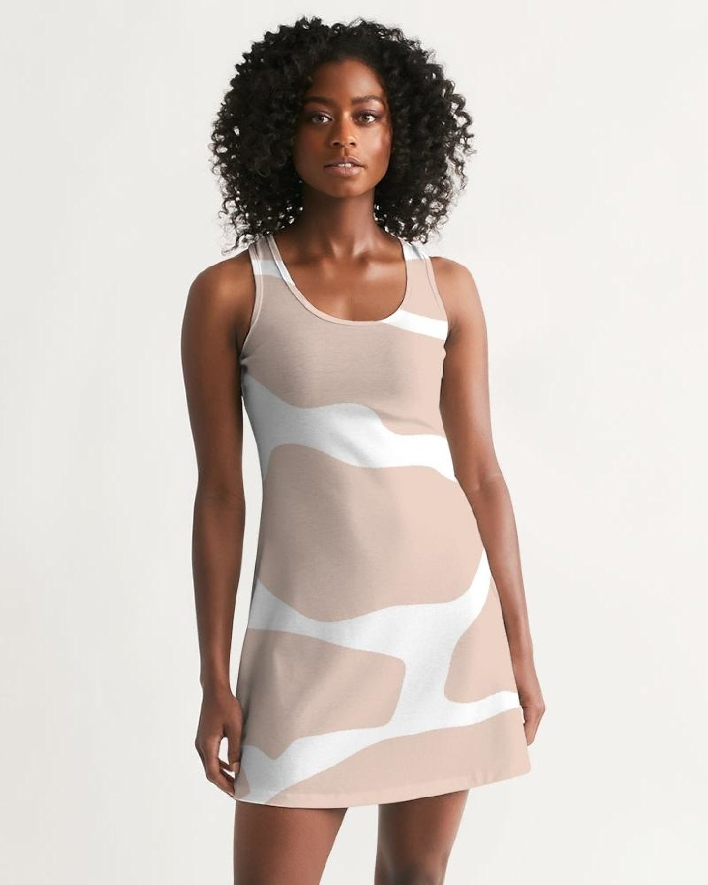 A stylish peach and white racerback dress for women, featuring a scoop neckline and above-knee length, perfect for casual and formal occasions.