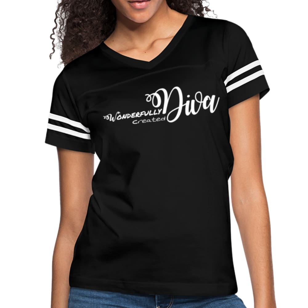 Womens Graphic Vintage Sport T-shirt featuring contrasting stripes on sleeves, soft poly-cotton blend fabric, and a stylish vintage design.