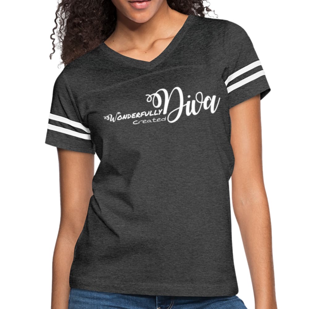 Womens Graphic Vintage Sport T-shirt featuring contrasting stripes on sleeves, soft poly-cotton blend fabric, and a stylish vintage design.