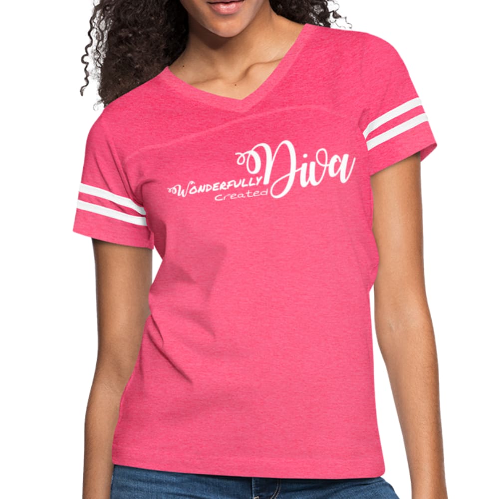 Womens Graphic Vintage Sport T-shirt featuring contrasting stripes on sleeves, soft poly-cotton blend fabric, and a stylish vintage design.