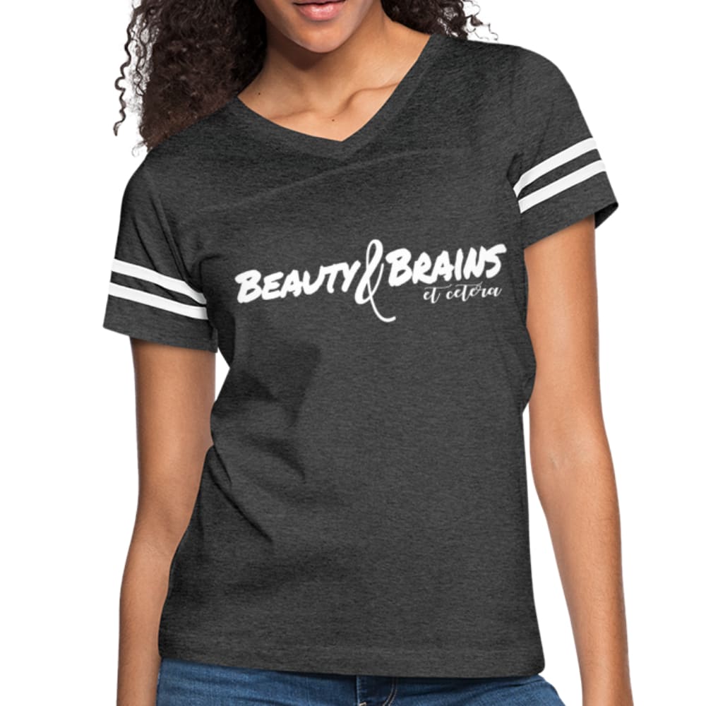 Womens Graphic Vintage Tee featuring Beauty & Brains design with contrasting stripes on sleeves.