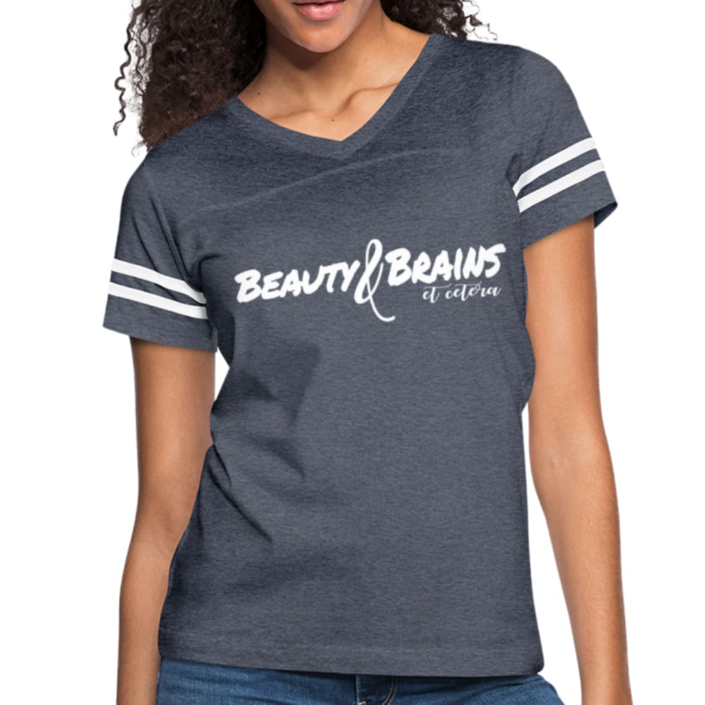 Womens Graphic Vintage Tee featuring Beauty & Brains design with contrasting stripes on sleeves.