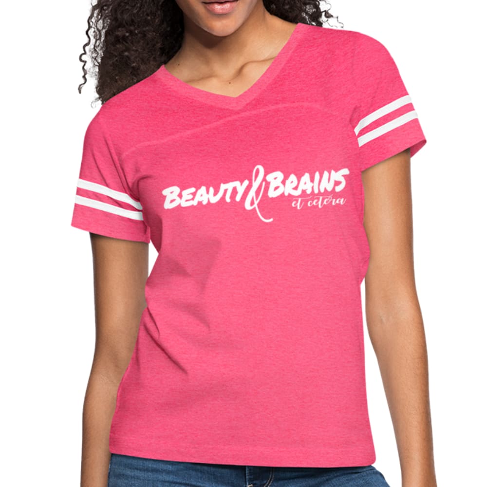 Womens Graphic Vintage Tee featuring Beauty & Brains design with contrasting stripes on sleeves.