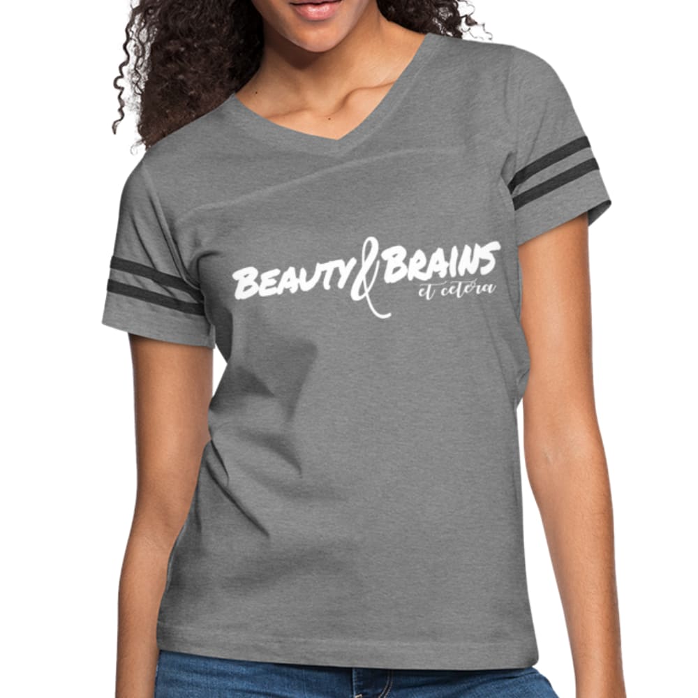 Womens Graphic Vintage Tee featuring Beauty & Brains design with contrasting stripes on sleeves.