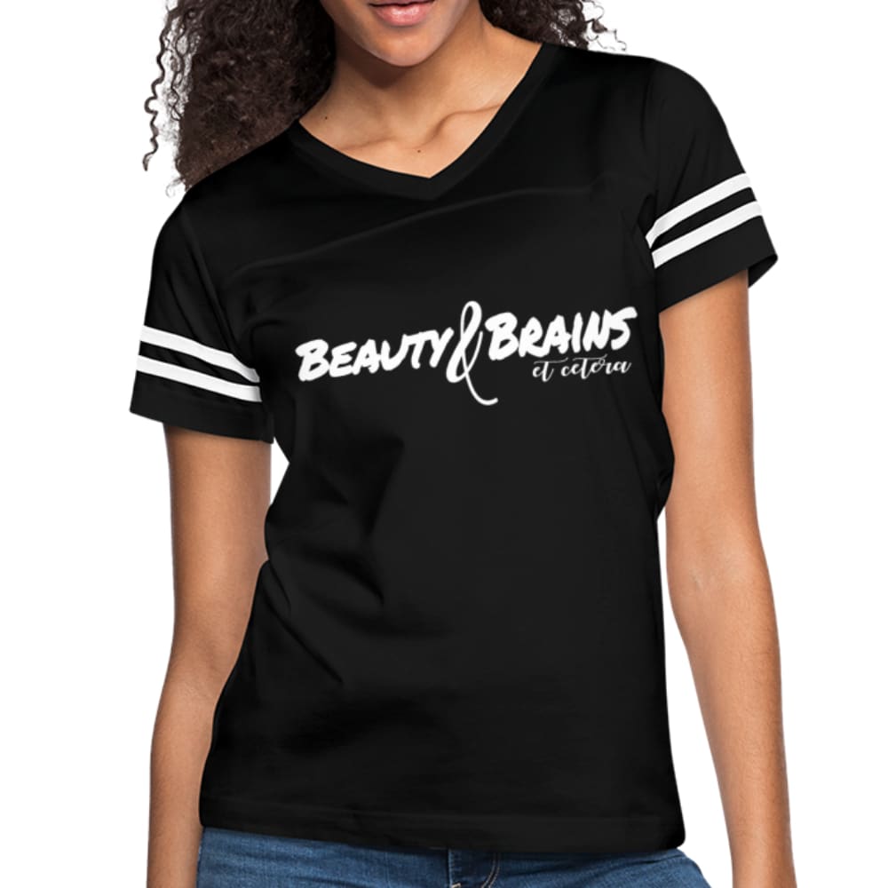 Womens Graphic Vintage Tee featuring Beauty & Brains design with contrasting stripes on sleeves.