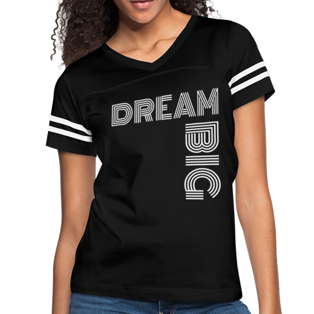 Womens Graphic Vintage Tee in black with Dream Big print and contrasting stripes on sleeves, showcasing a stylish and comfortable design.