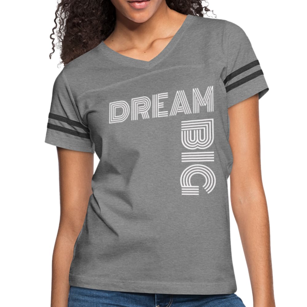 Womens Graphic Vintage Tee in black with Dream Big print and contrasting stripes on sleeves, showcasing a stylish and comfortable design.