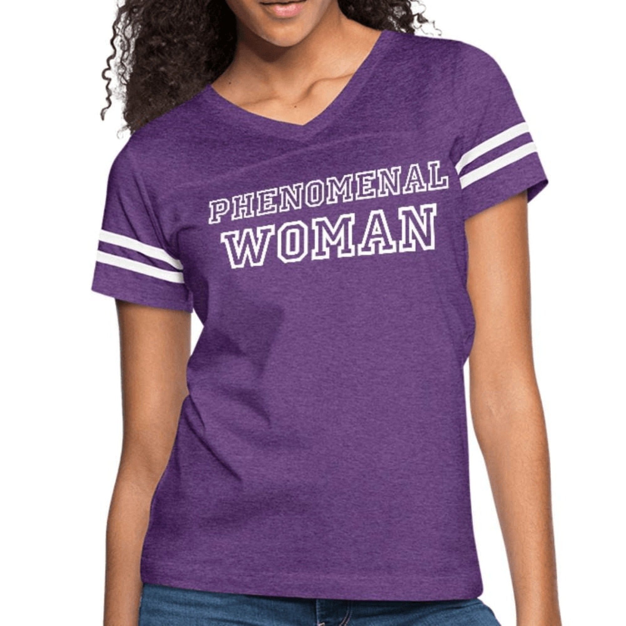 Womens Graphic Vintage Tee featuring a soft poly-cotton blend, double-needle stitching, and stylish contrasting stripes on sleeves.