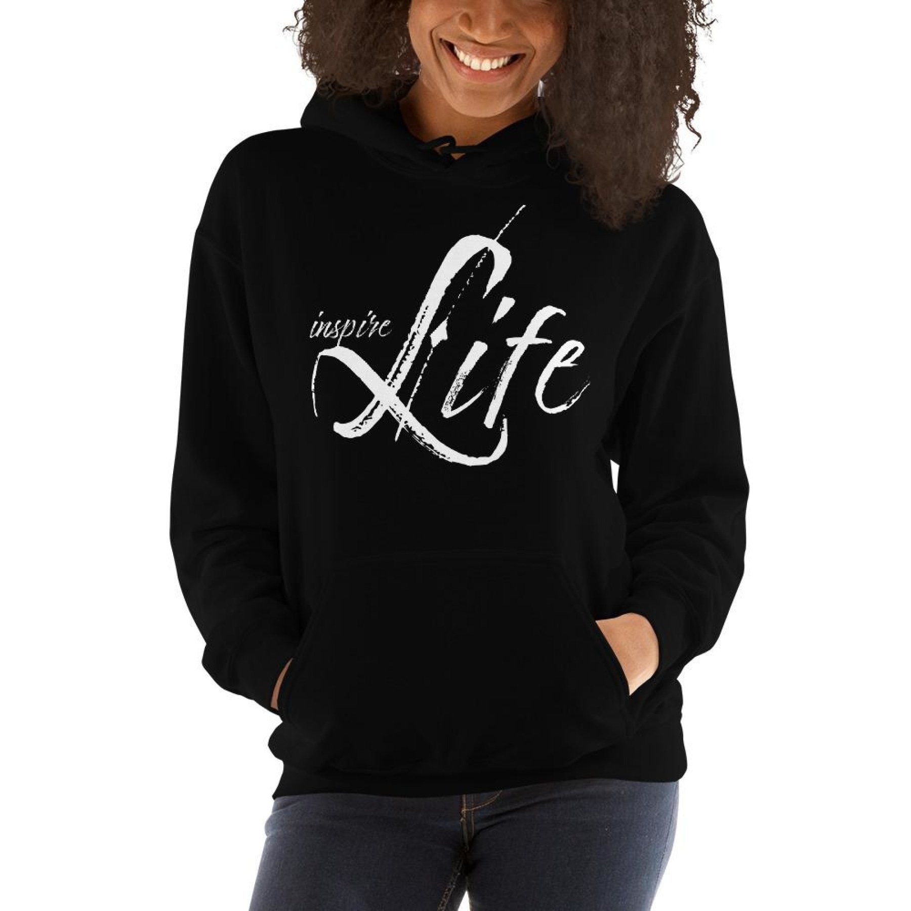 Women's white pullover hoodie with graphic design, featuring a double-lined hood and front pouch pocket.