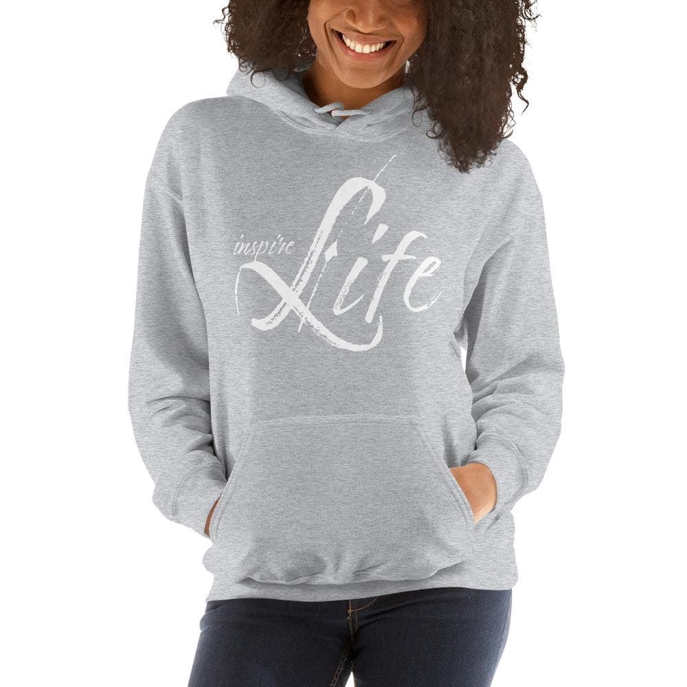 Women's white pullover hoodie with graphic design, featuring a double-lined hood and front pouch pocket.