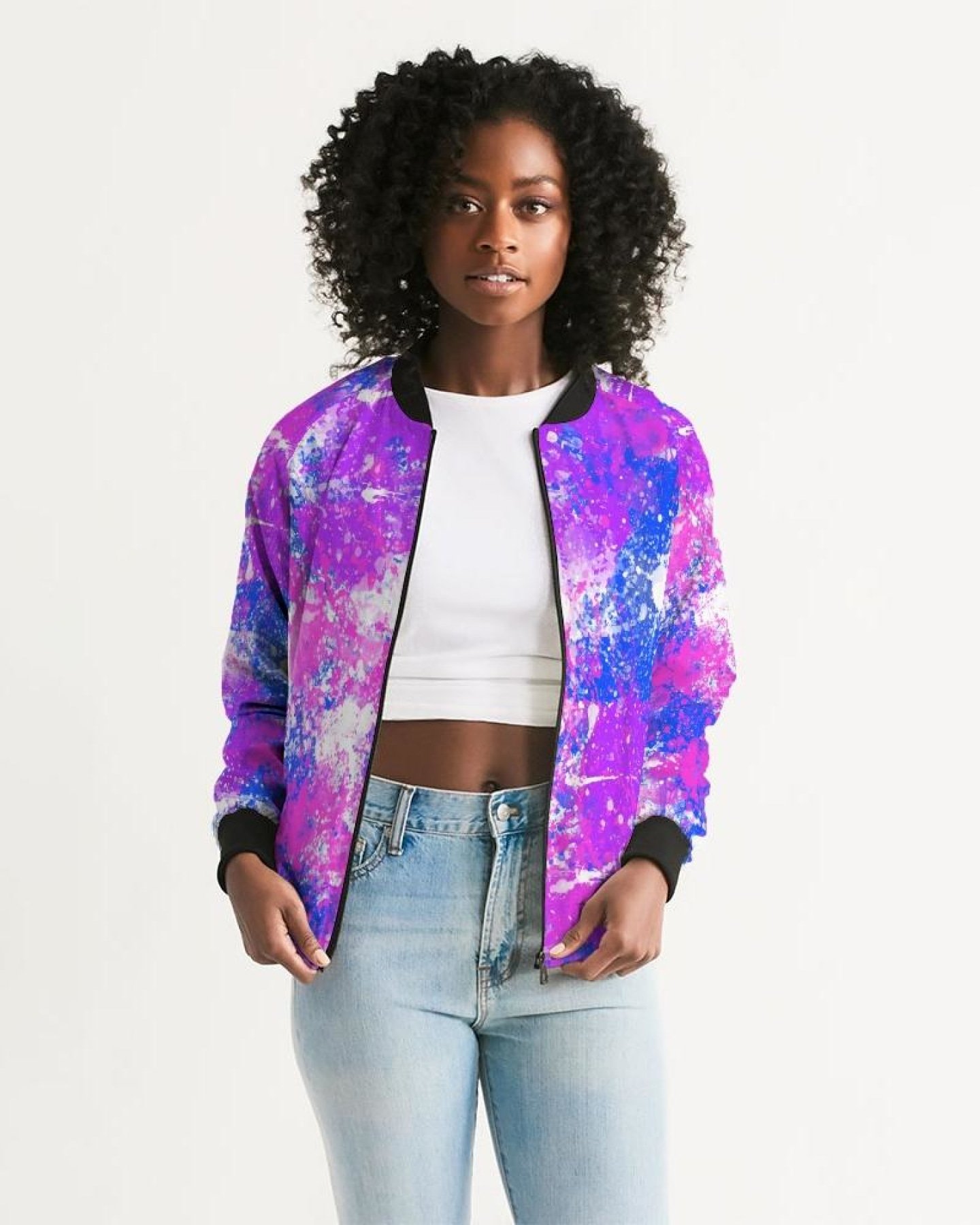 Womens Cotton Candy Purple Bomber Jacket featuring ribbed collar, cuffs, and metal zip closure, perfect for stylish layering.