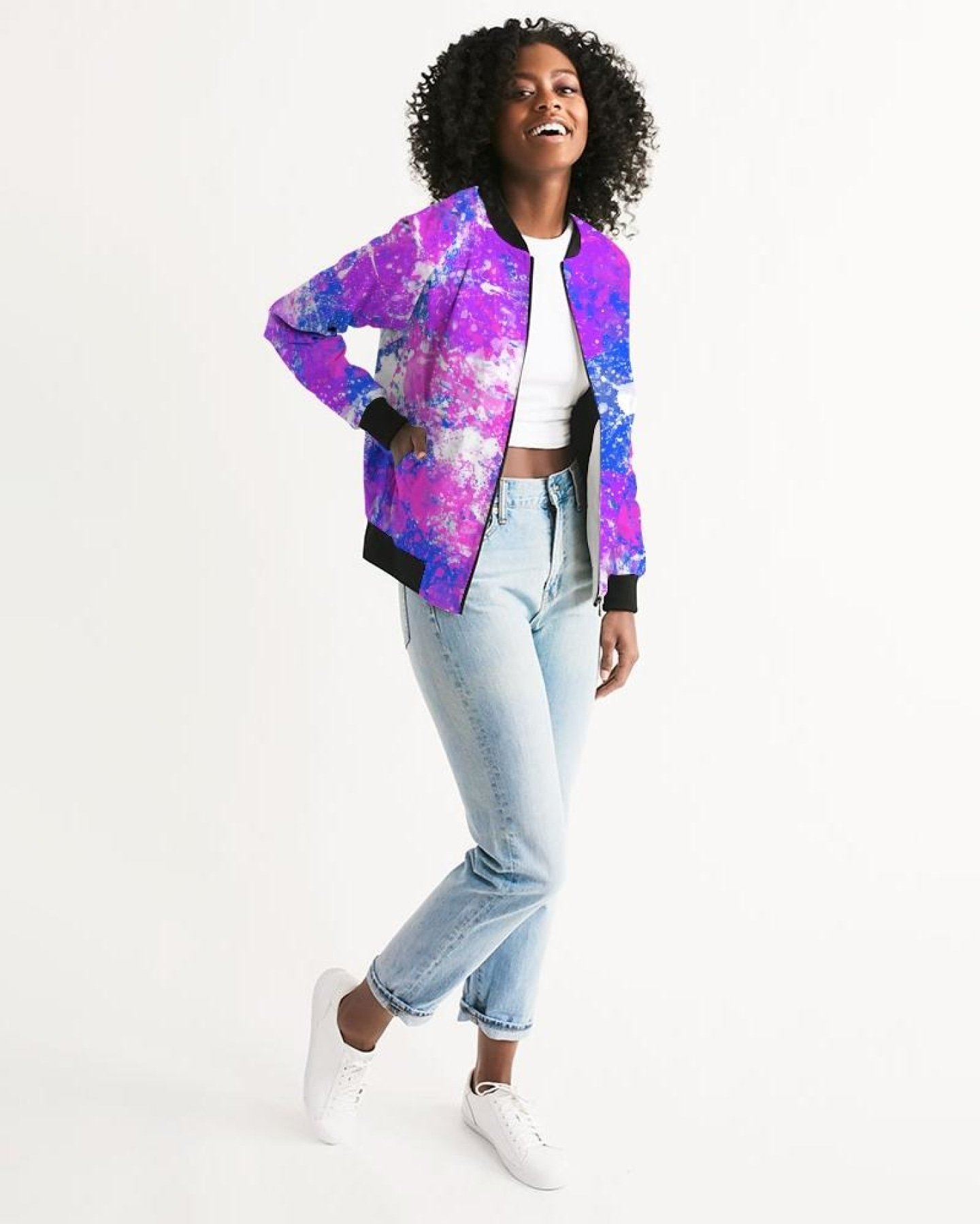 Womens Cotton Candy Purple Bomber Jacket featuring ribbed collar, cuffs, and metal zip closure, perfect for stylish layering.