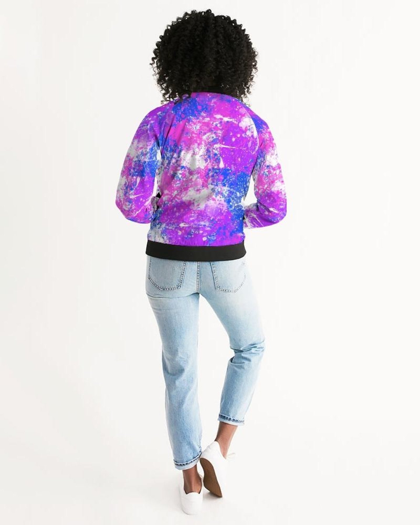 Womens Cotton Candy Purple Bomber Jacket featuring ribbed collar, cuffs, and metal zip closure, perfect for stylish layering.