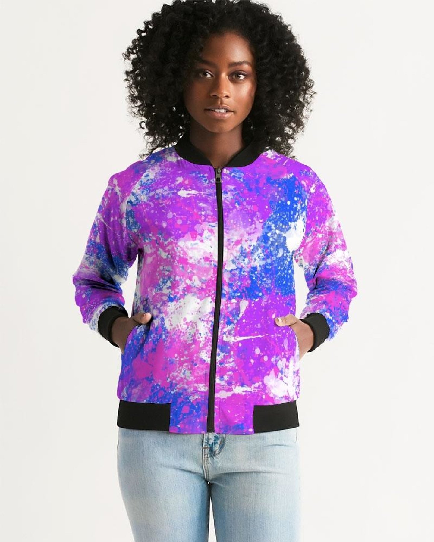 Womens Cotton Candy Purple Bomber Jacket featuring ribbed collar, cuffs, and metal zip closure, perfect for stylish layering.