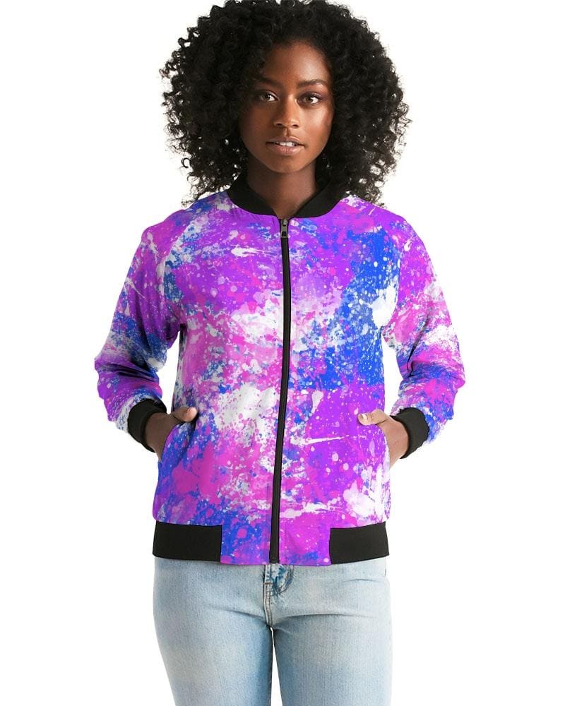 Womens Cotton Candy Purple Bomber Jacket featuring ribbed collar, cuffs, and metal zip closure, perfect for stylish layering.