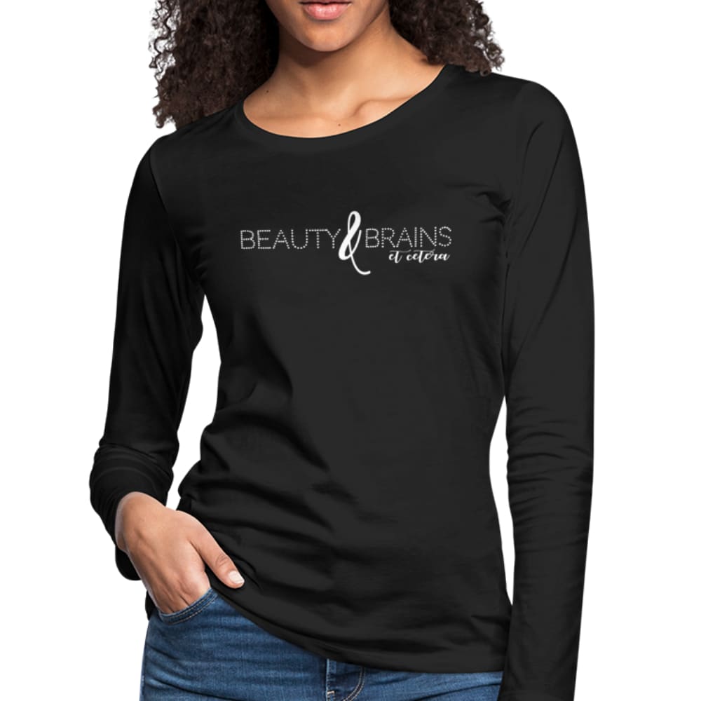 Women's Long Sleeve Graphic Tee featuring 'Beauty And Brains Et Cetera' print, showcasing a stylish design and comfortable fit.