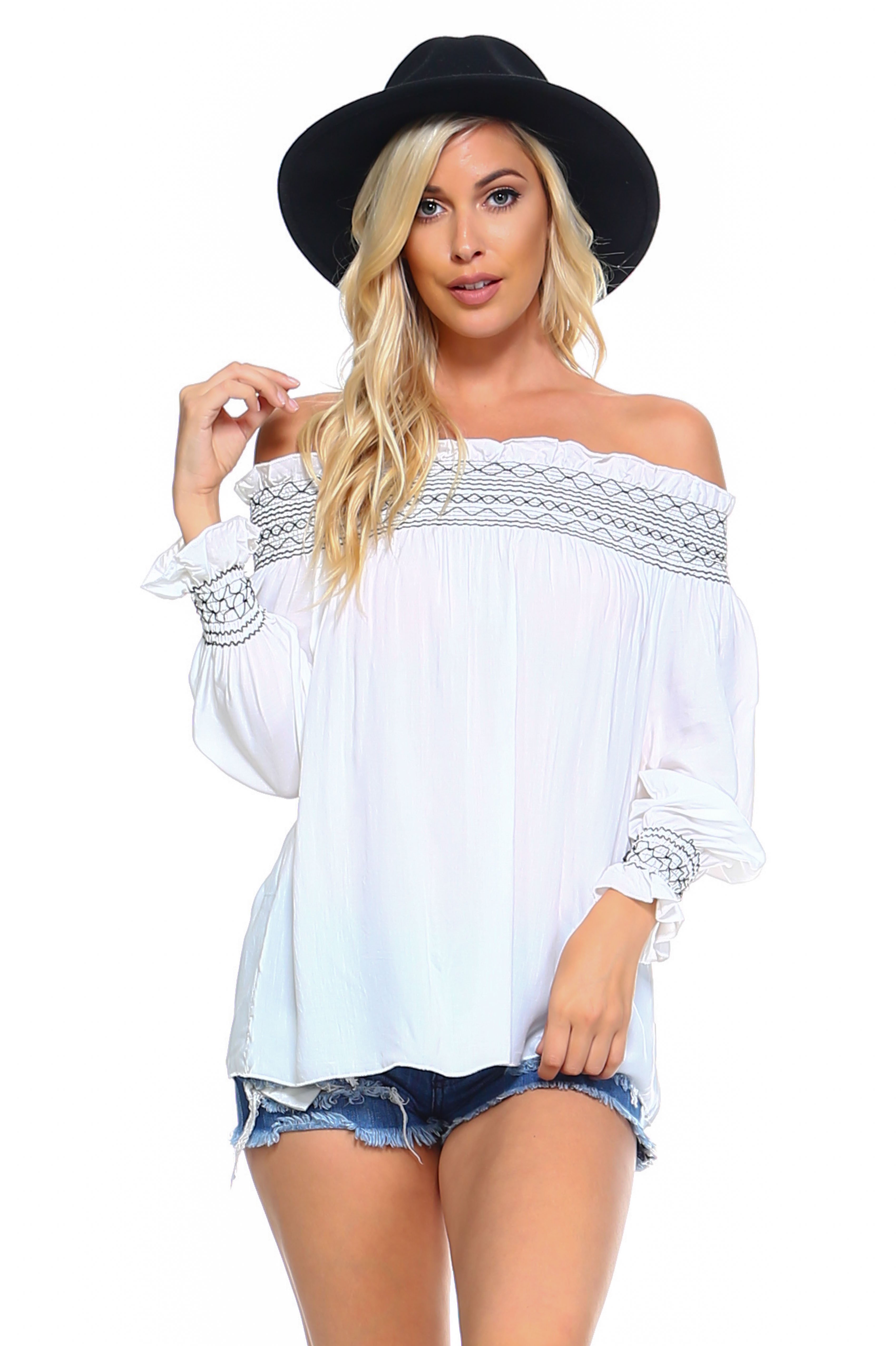 A stylish Women's Off Shoulder Stripe Smocked Elastic Top featuring a smocked design, perfect for summer outings, paired with jean shorts.