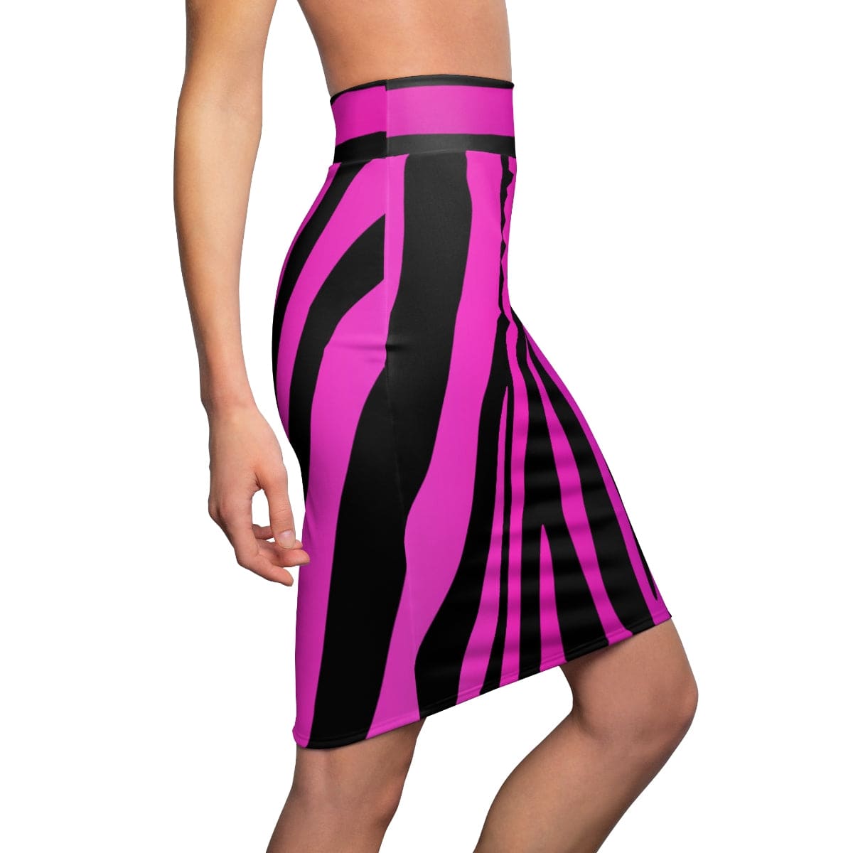 Women's high waist pencil skirt in purple stripes, showcasing a fitted design and soft fabric, perfect for various occasions.