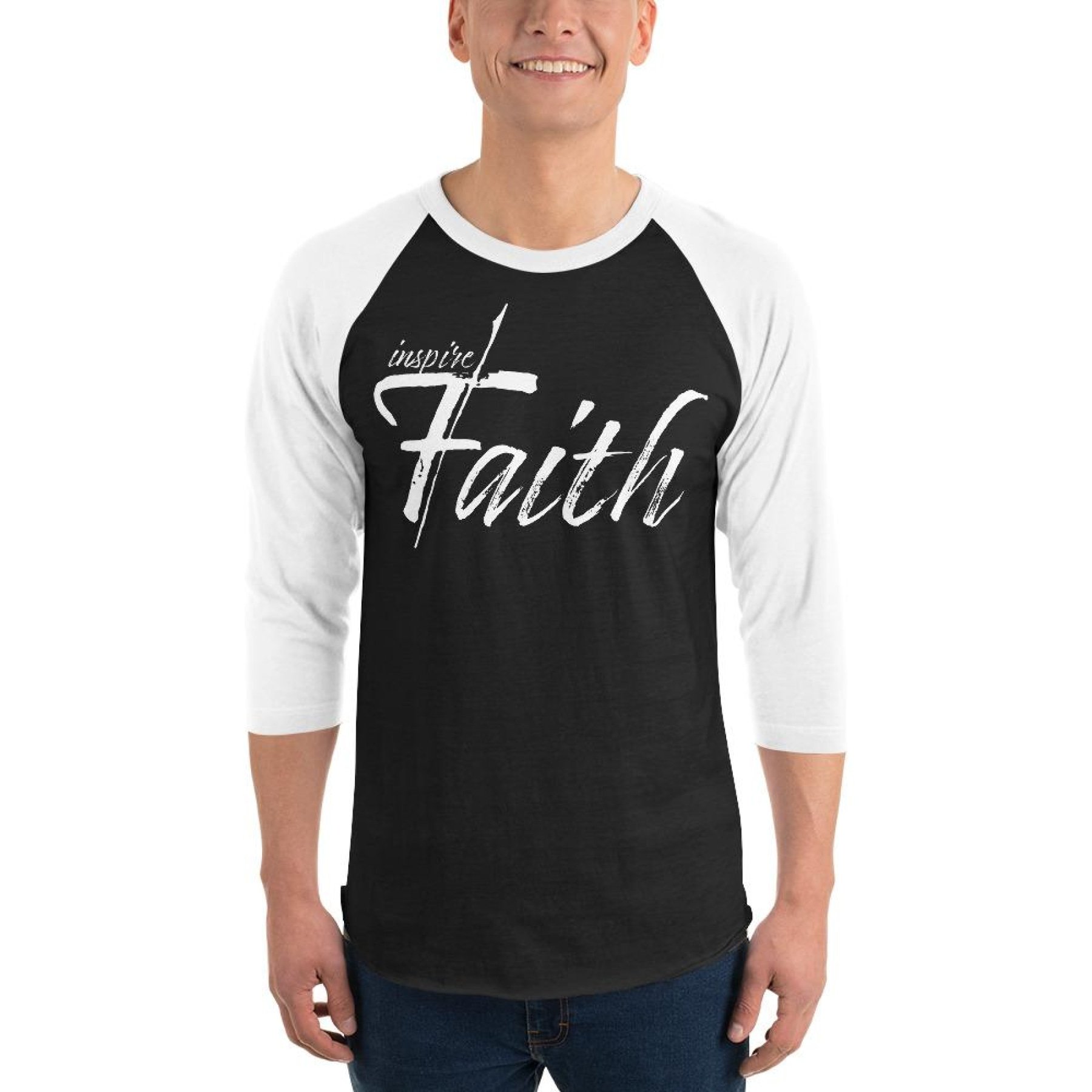 Women's Raglan Tee featuring an inspiring faith graphic, ¾ sleeves, and a ribbed neckband, made from a soft cotton blend.