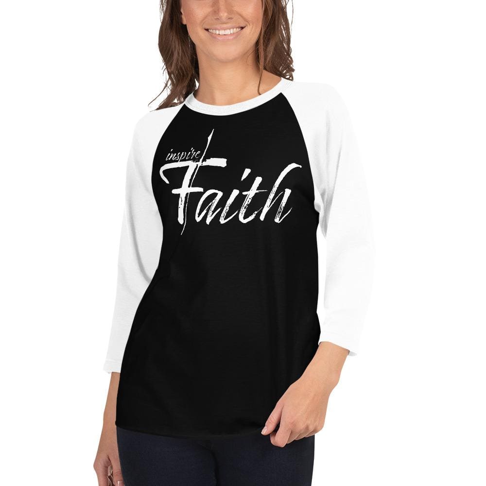 Women's Raglan Tee featuring an inspiring faith graphic, ¾ sleeves, and a ribbed neckband, made from a soft cotton blend.