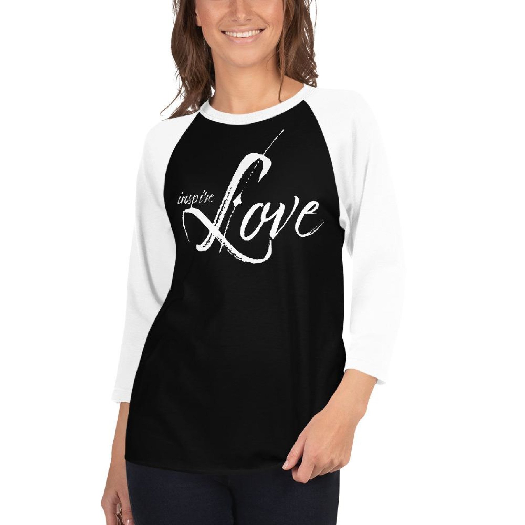 Women's Raglan Tee featuring Inspire Love graphic design, showcasing a stylish baseball shirt with ¾ sleeves and a ribbed neckband.