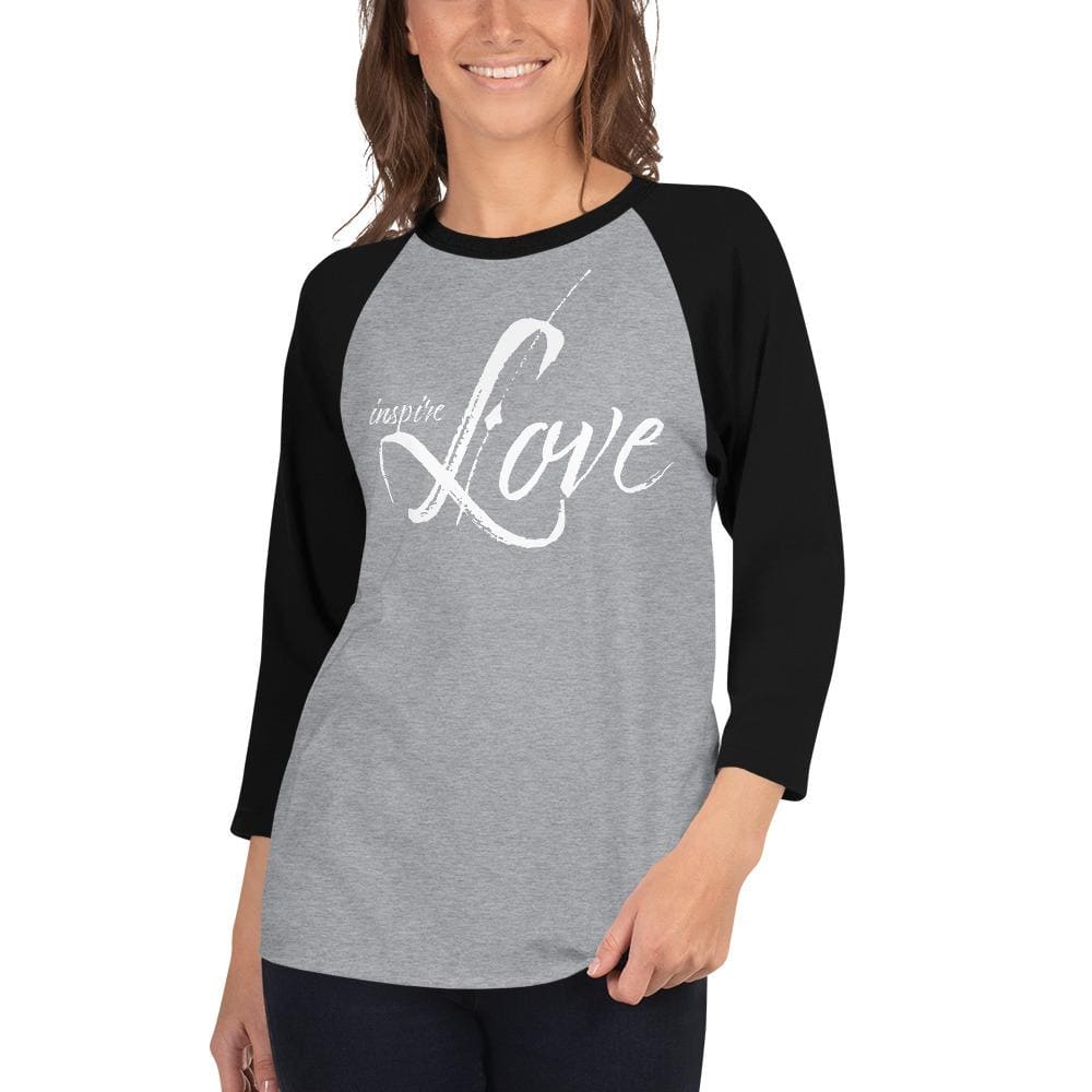 Women's Raglan Tee featuring Inspire Love graphic design, showcasing a stylish baseball shirt with ¾ sleeves and a ribbed neckband.