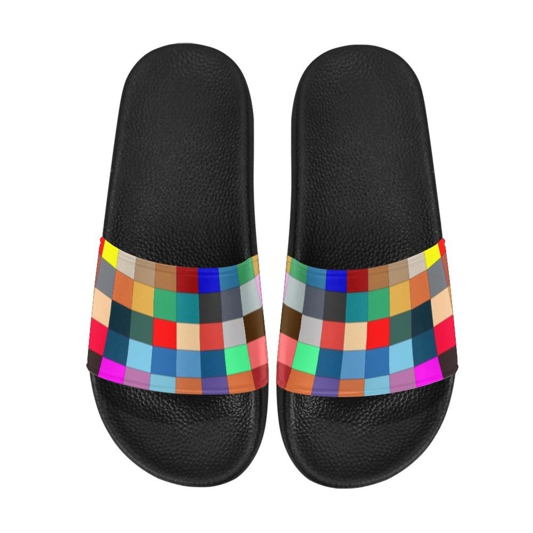 Colorful women's slides with a block print design, featuring a soft foaming strap and open toe for summer comfort.