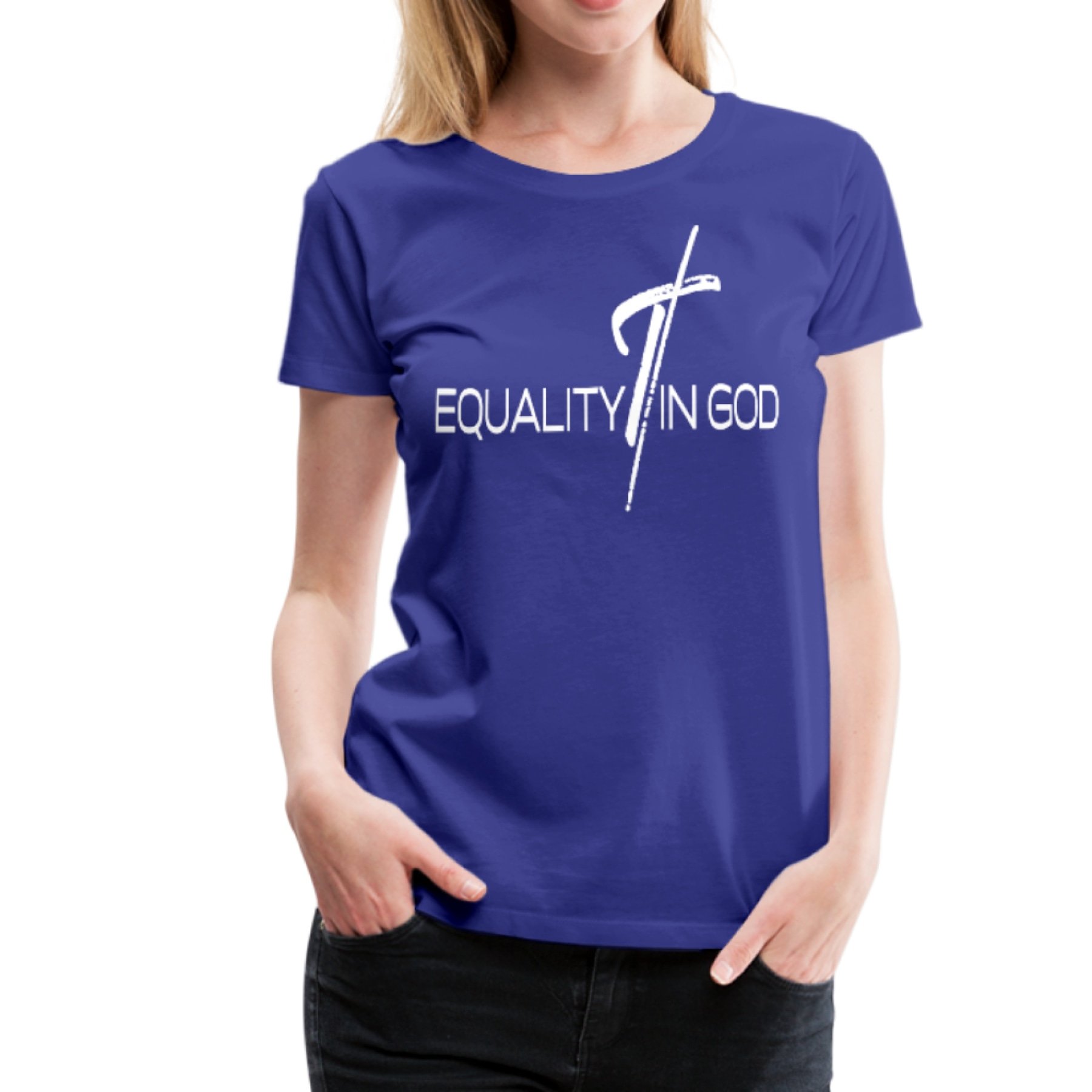 A stylish Women's T-shirt featuring the Equality In God graphic, made from soft pre-shrunk cotton, perfect for casual wear.