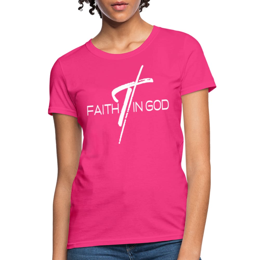 A stylish Women's T-shirt featuring a Faith In God graphic design, made from soft pre-shrunk cotton, perfect for casual wear.